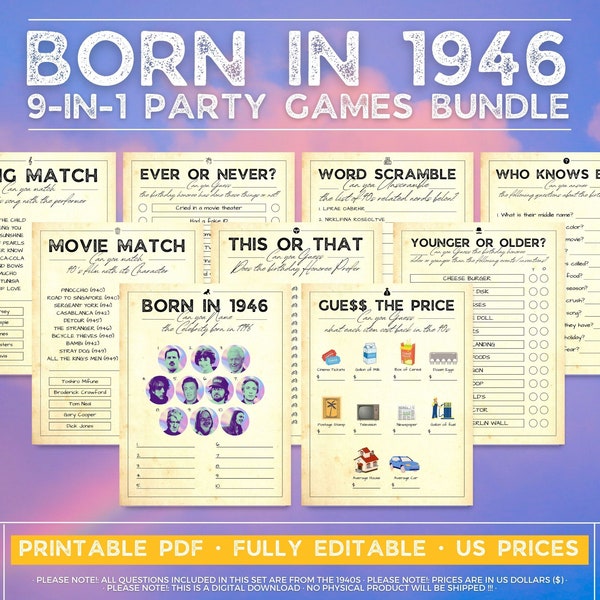 Born In 1946 Games Bundle, Birthday Games, 76th Birthday Party Games, 76th Birthday Games, 1940s Trivia Game, 1940s Quiz, Printable Games