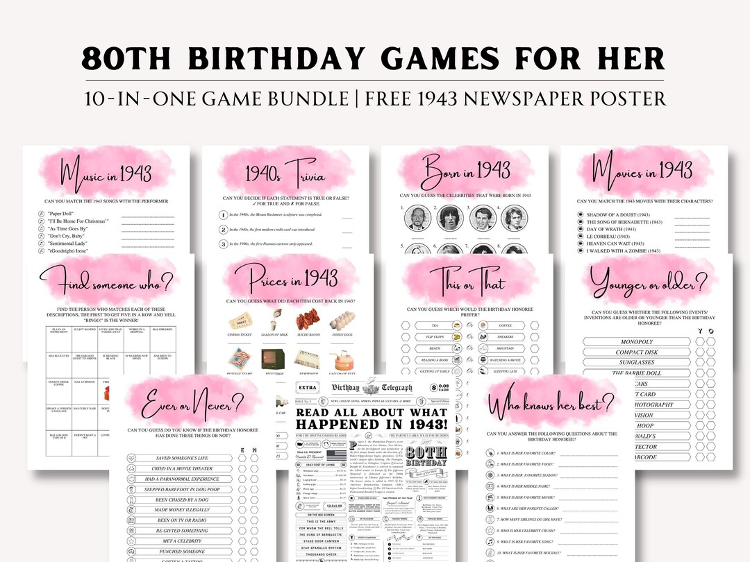 80th Birthday Games Bundle for Her 80th Birthday Games for - Etsy