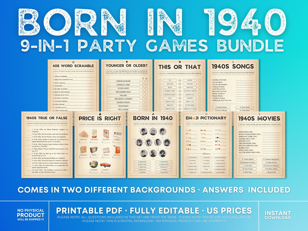 Born in 1940 Games Bundle, Birthday Games, 82nd Birthday Party Games ...