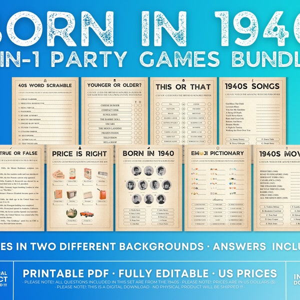 Born In 1940 Games Bundle, Birthday Games, 82nd Birthday Party Games, 82nd Birthday Games, 1940s Trivia Game, 1940s Quiz, Printable Games