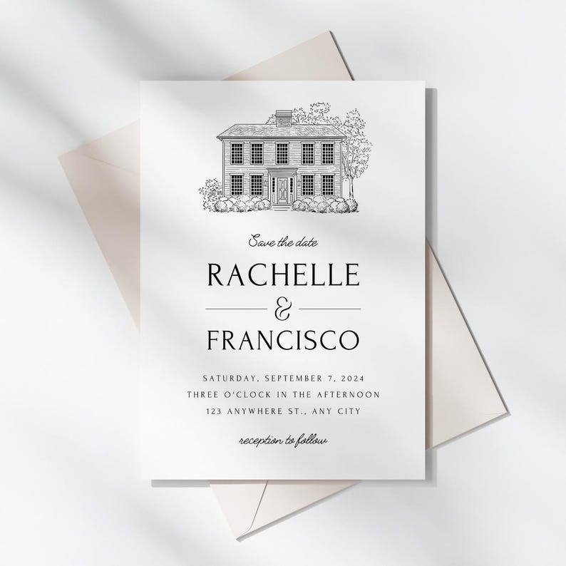 May include: A black and white wedding invitation featuring a detailed illustration of a house at the top. The names "RACHELLE & FRANCISCO" are centered below, with event details including the date, time, and location. A cream-colored envelope is visible.