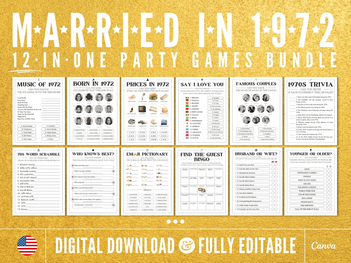 50th Anniversary Party Games Married in 1972 Games Bundle 50 - Etsy