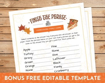 Thanksgiving Finish The Phrase Game | Thanksgiving Games | Thanksgiving Printable Games | Fun Thanksgiving Day Trivia Game