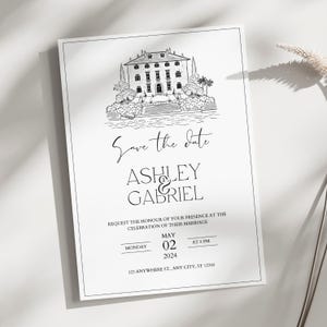 May include: A black and white wedding invitation with a detailed illustration of a building and surrounding landscape. The text "Save the date" is above the names Ashley & Gabriel, with the date May 02, 2024, and time at 8 PM.