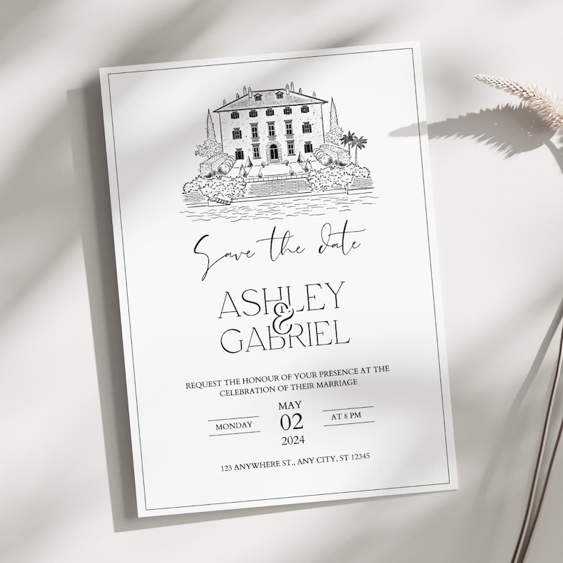 May include: A black and white wedding invitation with a detailed illustration of a building and surrounding landscape. The text "Save the date" is above the names Ashley & Gabriel, with the date May 02, 2024, and time at 8 PM.