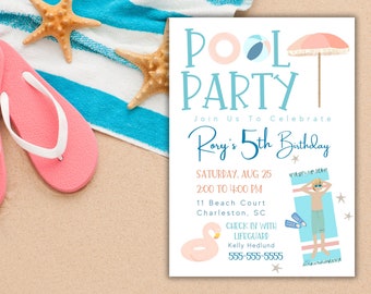 INVITATION TEMPLATE, Pool Party Template, Editable Digital Invite, Pool Birthday Party, Swimming Party, Summer Party, Instant Download