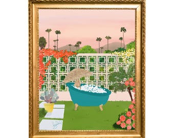 Palm Springs Retro Giclee Art Print, Outdoor Bathtub, Mid Century Architecture, Colorful Garden Decor, Cute Wall Art, Vintage Home Wall Art