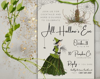 May include: A Halloween party invitation with a witch illustration. The invitation reads "All Hallow's Eve" with the date and time of the party. The address is 10 Pumpkin Ct., Charleston. The text "Reply if you dare" is included with contact information.