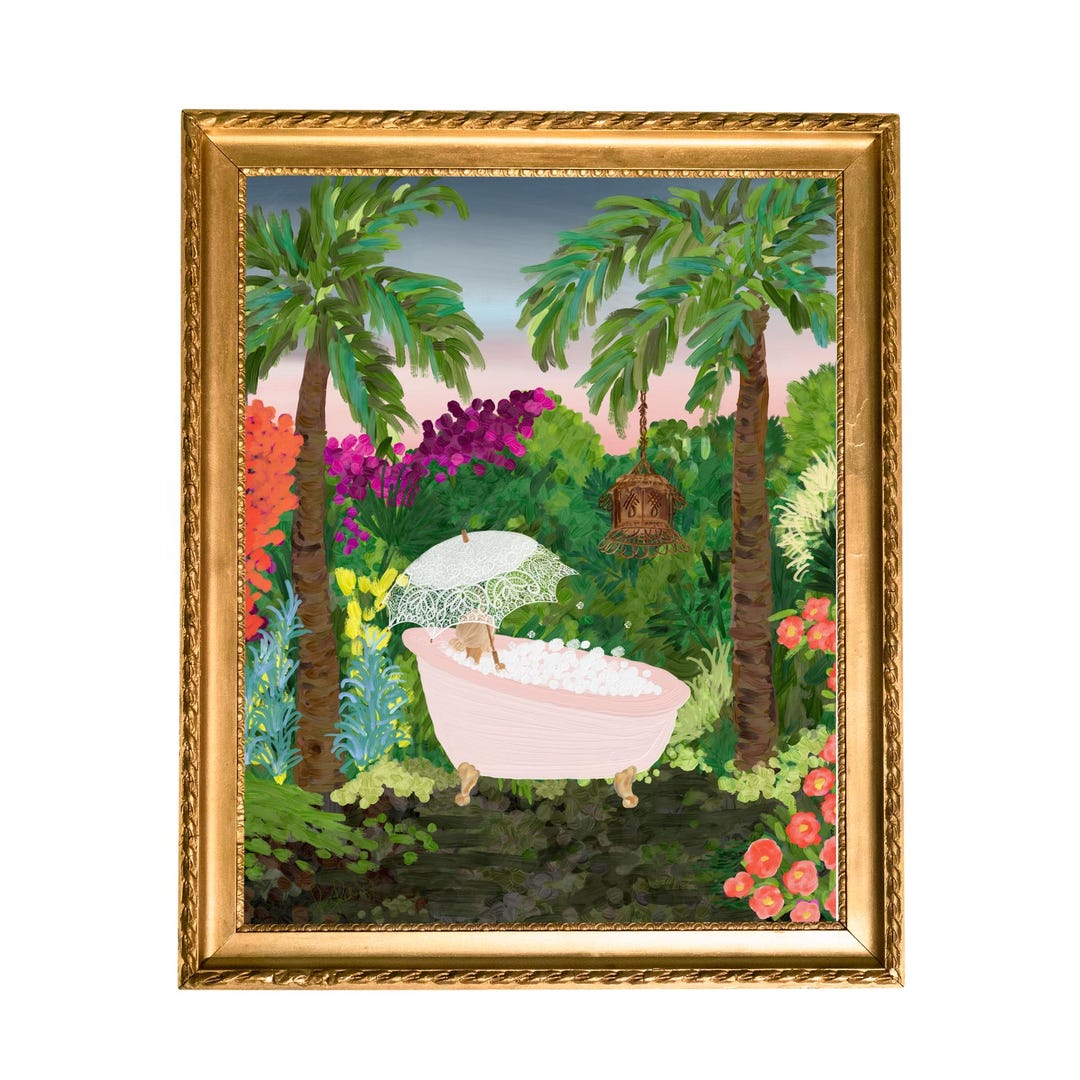 Tropical Garden Bath Giclee Art Print, Pink Tub Jungle Wall Decor, Boho ...