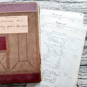 Verscheidenheidspakket antieke grootboekbladen | 1914-1919 | Vintage boekhouding | Boekhoudboeken | Junkjournaal | Kunstdagboek | Set van 6 inch
