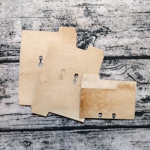 May include: Three brown cardboard file folders with cut-out tabs and holes for a binder. The folders are on a woodgrain background.