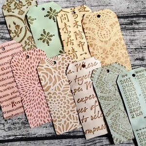 10 Pastel Colored Shimmer Lace Paper Tags Pack #3, Handmade, Mixed Media, Junk Journal, Supplies, Ephemera, Altered, Coffee Dyed, Stained