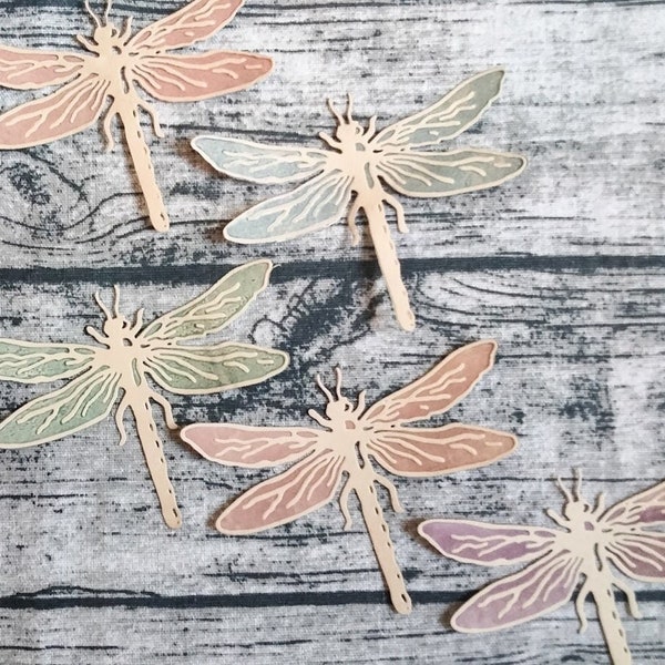 Set of 5 Coffee-Dyed, Inked Dragonflies, Insects, Die Cuts, Handmade, Ephemera, Embellishments, Junk Journal, Art Journal, Mixed Media