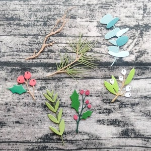 Set aus 7 festlichen Greenery, Die Cut, Layered, Weihnachten, Handgemacht, Ephemera, Verzierungen, Junk Journal, Art Journal, Collage, Scrapbook