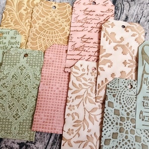 10 Pastel Colored Shimmer Lace Paper Tags Pack #2, Handmade, Mixed Media, Junk Journal, Supplies, Ephemera, Altered, Coffee Dyed, Stained