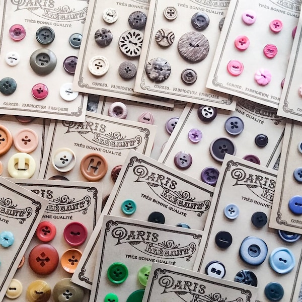 Handmade Coffee-Dyed French Button Cards with Vintage Buttons, Junk Journal, Ephemera, Embellishments, Sewing, Slow-Stitching