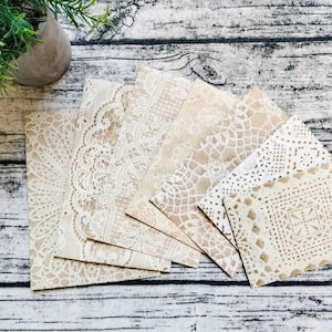 7 VARIETY Lace Paper Envelopes Pack #1, Handmade, Coffee Stained, Dyed Paper, Junk Journal, Art Journal, Collage