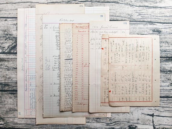 Vintage Ledger Sheet Variety Pack: 1882-1965, Junk Journal Ephemera, Set of 14
