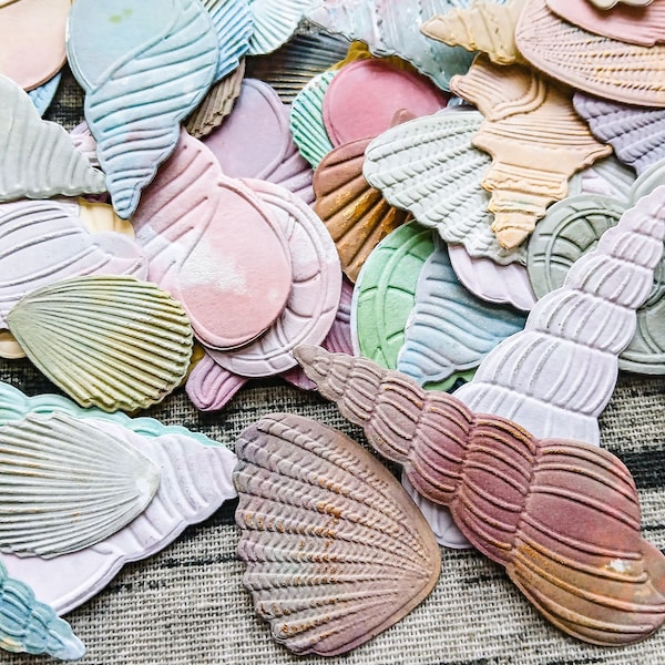 Set of 14 Embossed Paper Seashells | Hand Dyed | Die Cuts | Ephemera | Embellishments | Junk Journal | Cardmaking | Collage | Summer