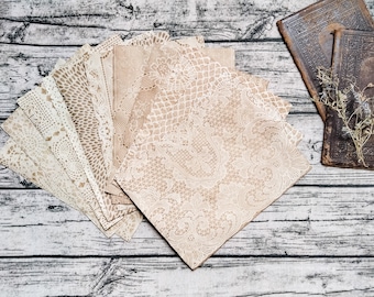12 Sheets VARIETY Lace Paper Pack #1, Handmade, Coffee Stained, Dyed Paper, Junk Journal, Art Journal, Collage