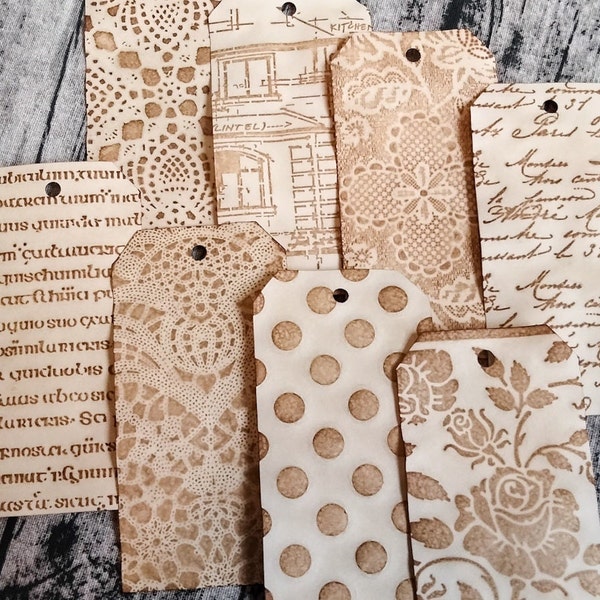 8 VARIETY Lace Paper Tags #4, Handmade, Collage, Mixed Media, Junk Journal, Supplies, Ephemera, Altered Tags, Coffee Dyed, Stained