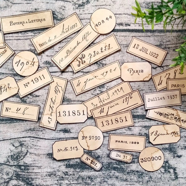 Set of 30 Coffee Dyed Vintage Labels #1, Handmade, Ephemera, Embellishments, Junk Journal, Art Journal, Dyed, Stained, Aged