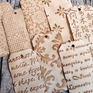 8 VARIEDAD Papel de encaje Tags #3, Hecho a mano, Collage, Técnica mixta, Diario basura, Suministros, Efímero, Etiquetas alteradas, Teñido de café, Manchado
