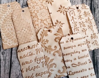 15枚のコーヒー染め紙ラベル、ヴィンテージタグとラベル、ジャンク