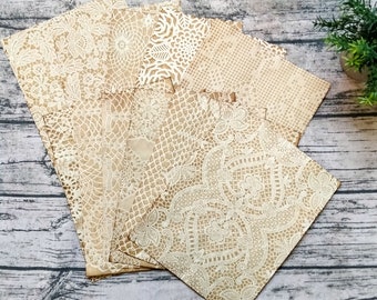 12 Sheets VARIETY Lace Paper Pack #2, Handmade, Coffee Stained, Dyed Paper, Junk Journal, Art Journal, Collage