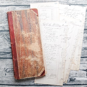Hojas de libro de contabilidad antiguas (paquete variado, 1882-1884), libros de contabilidad antiguos, diarios de archivo, diarios de arte, juego de 8