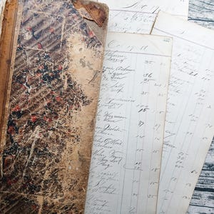 Hojas de libro de contabilidad antiguas (paquete variado) / 1886 / Libros de contabilidad antiguos / Libros de contabilidad / Diario de arte / Juego de 6