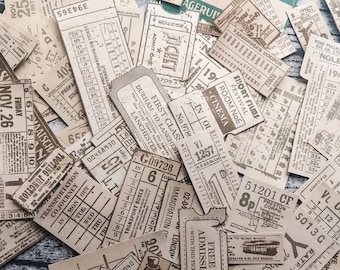 Puede incluir: Una colección de billetes y cupones vintage en varios tonos de marrón y blanco. Los billetes presentan texto como "Primera clase", "Festival de cortometrajes", "Sala No. 6", "Cupón de pasajero" y "Autobuses de transporte".