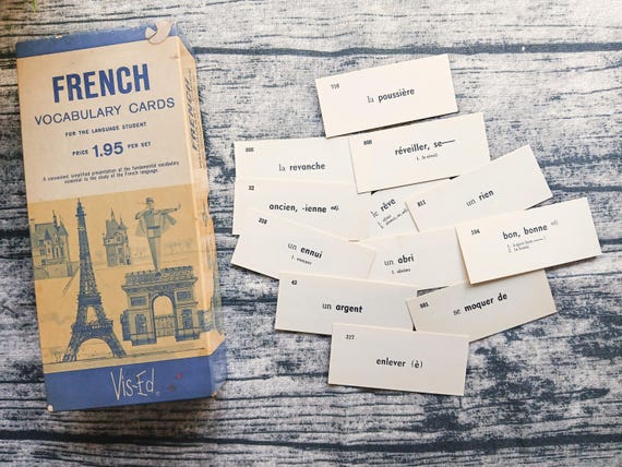 Vintage French Vocabulary Cards, French Flash Cards, Embellishments, Journal Supplies, Scrapbooking, Vintage French Ephemera, Set of 20