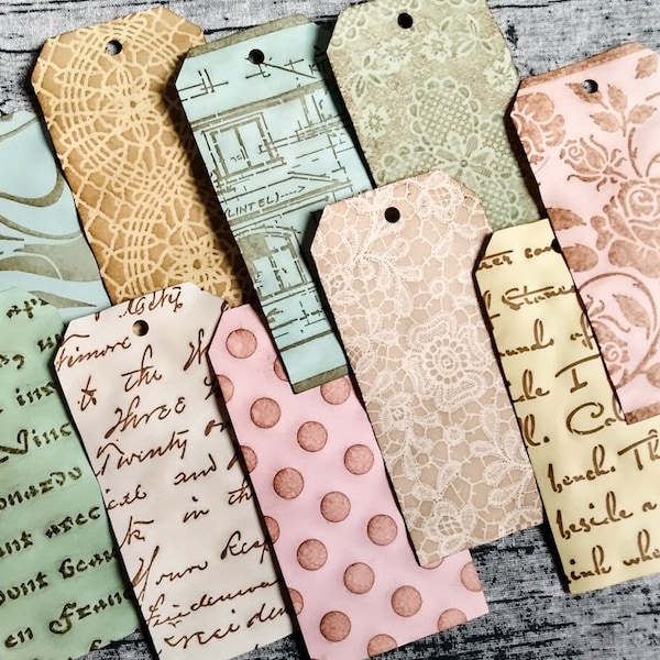 10 Pastel Colored Shimmer Lace Paper Tags Pack #4, Handmade, Mixed Media, Junk Journal, Supplies, Ephemera, Altered, Coffee Dyed, Stained