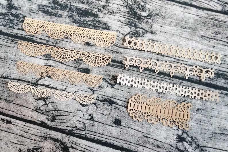 Set of 8 Handmade Crochet Paper Lace, Cardstock, Die Cuts, Coffee-Dyed, Ephemera, Embellishments, Junk Journal, Art Journal, Mixed Media image 1