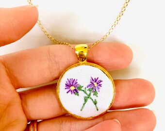 September Birth Month Flower Necklace | Hand Embroidered | Aster Necklace | Birthday Gift for Her | Gift for Mom | Gift for BFF | Pendant