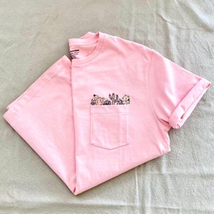 Hand Embroidered Cactus Pink Pocket T-shirt, Cacti Embroidered Pocket, Women’s Embroidered Shirt, Embroidered Tee, Flower T-shirt