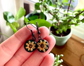 Hand Embroidered Sunflower Earrings: Gold Floral Dangle Jewelry