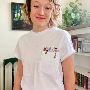 Hand Embroidered Floral White Pocket T-shirt, Wildflower Embroidered Pocket, Womens Embroidered Shirt, Embroidered Tee, Flower T-shirt image 7