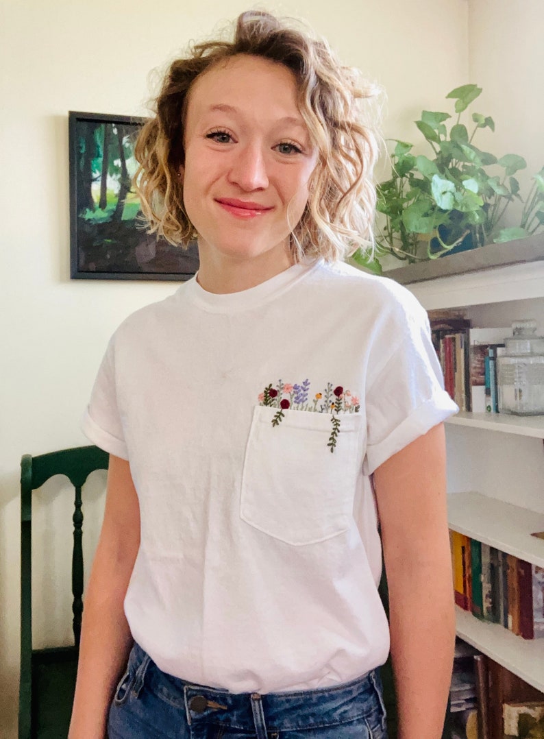 Hand Embroidered Floral White Pocket T-shirt, Wildflower Embroidered Pocket, Womens Embroidered Shirt, Embroidered Tee, Flower T-shirt image 7