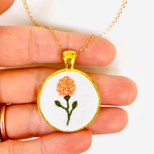 October Birth Month Flower Necklace | Hand Embroidered | Marigold Necklace | Birthday Gift for Her | Gift for Mom | Gift for BFF | Pendant