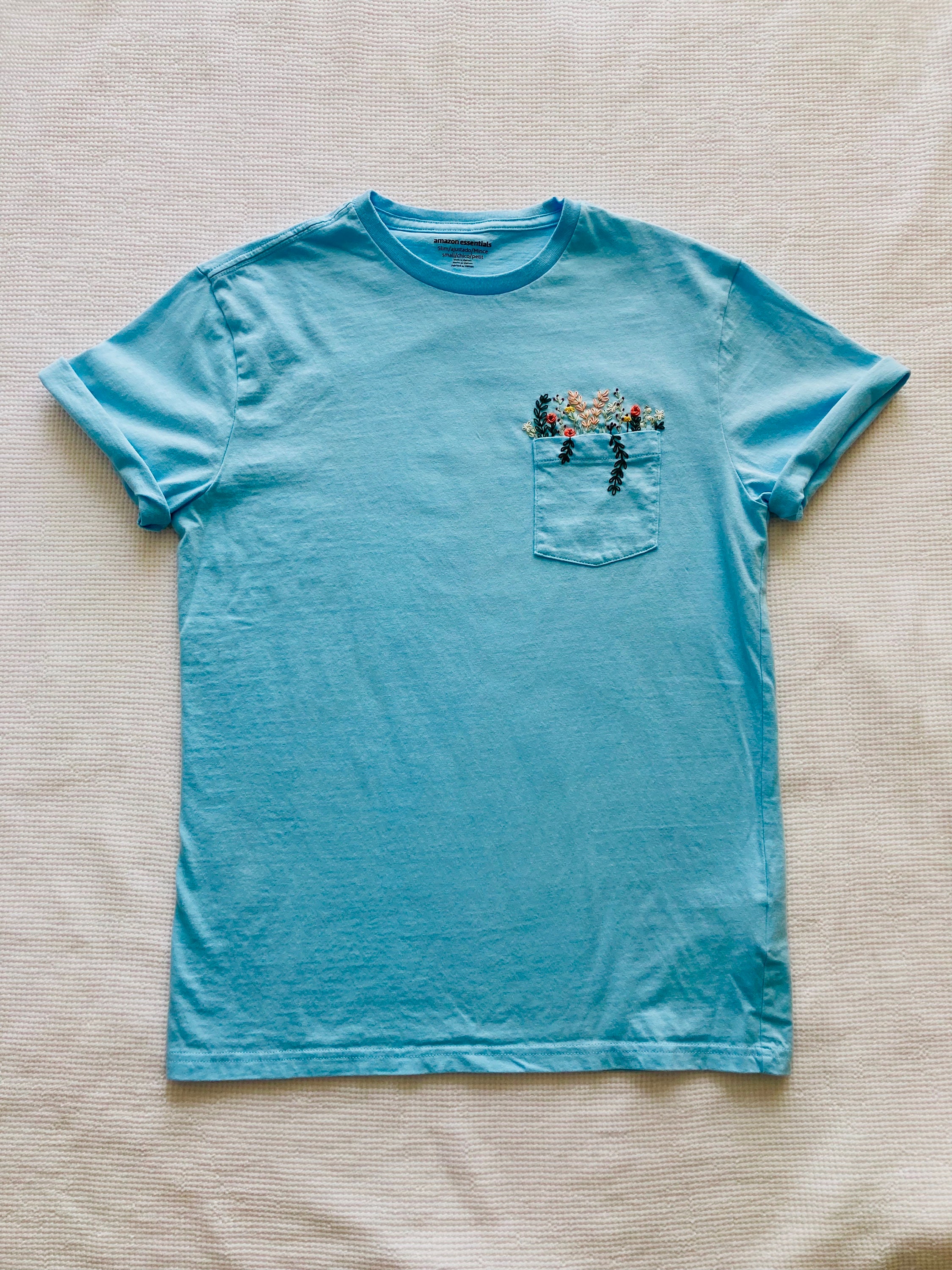 Hand Embroidered Floral Blue Pocket T-shirt, Wildflower