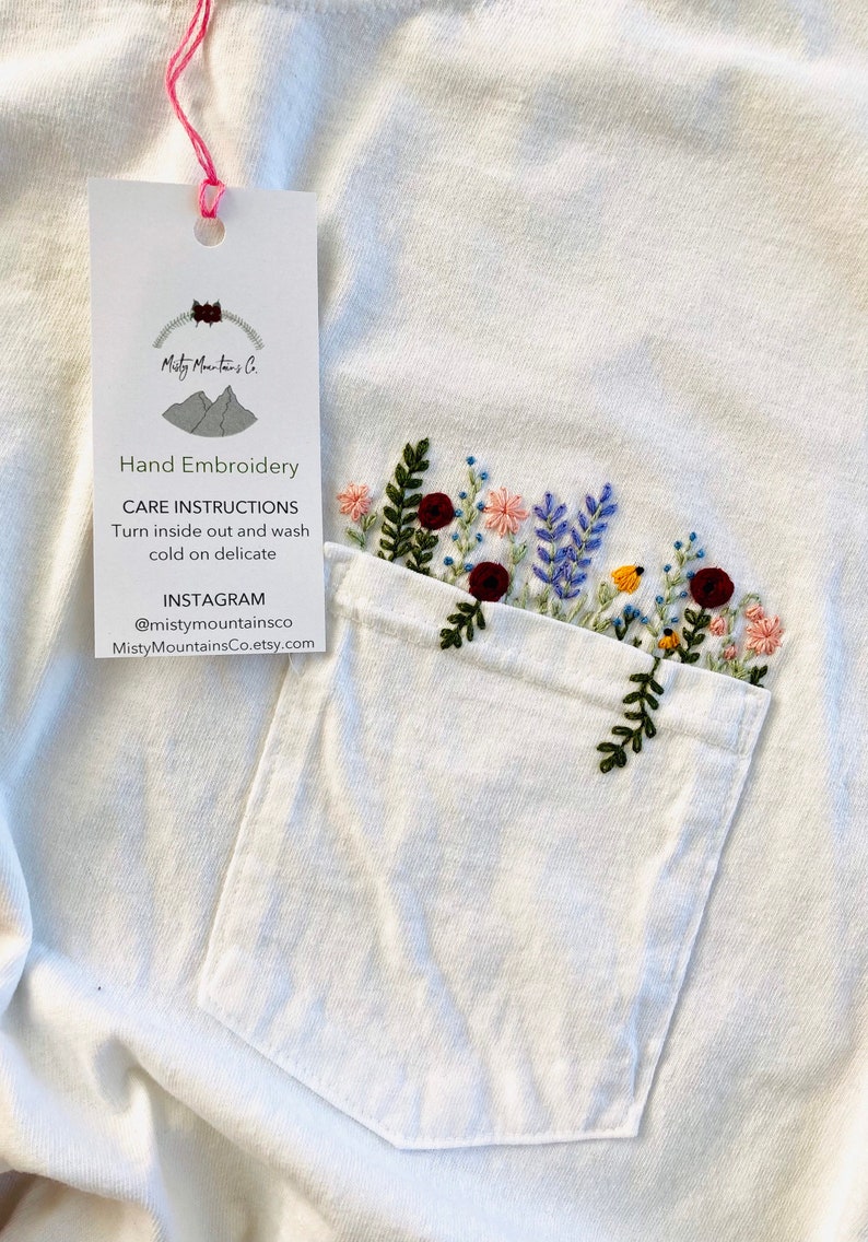 Hand Embroidered Floral White Pocket T-shirt, Wildflower Embroidered Pocket, Womens Embroidered Shirt, Embroidered Tee, Flower T-shirt image 4