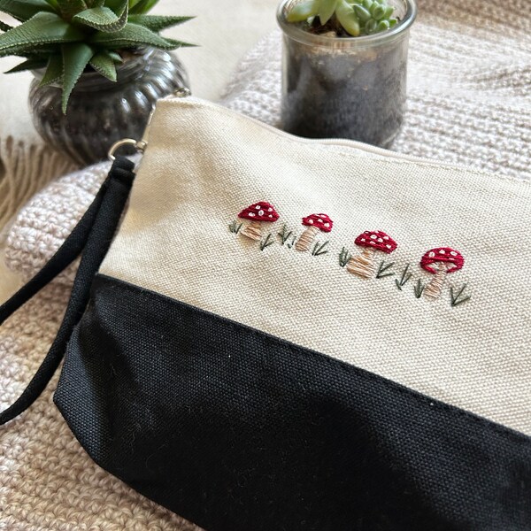 Red Mushrooms Hand Embroidered Canvas Pouch with Zipper, Cosmetic Bag, Pencil Case, Wallet, Toiletry Bag