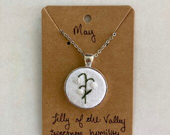 May Birth Month Flower Necklace | Hand Embroidered | Lilly of the Valley Necklace | Birthday Gift for Her | Gift for Mom | Gift for BFF