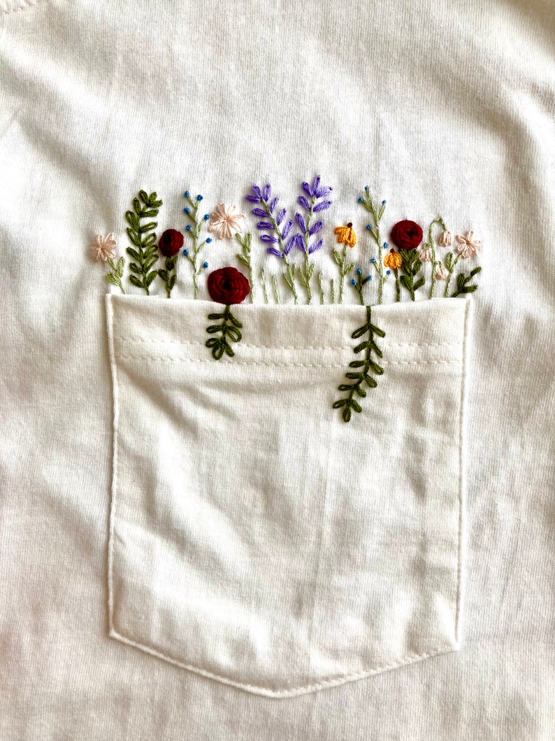 Hand Embroidered Floral White Pocket T-shirt, Wildflower Embroidered Pocket, Womens Embroidered Shirt, Embroidered Tee, Flower T-shirt image 6