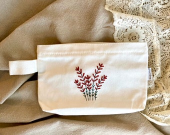 Floral Hand Embroidered Canvas Pouch with Zipper, Cosmetic Bag, Pencil Case, Wallet, Toiletry Bag