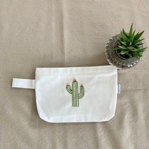 Pochette en toile brodée main cactus avec fermeture éclair, trousse à maquillage, trousse, portefeuille, trousse de toilette