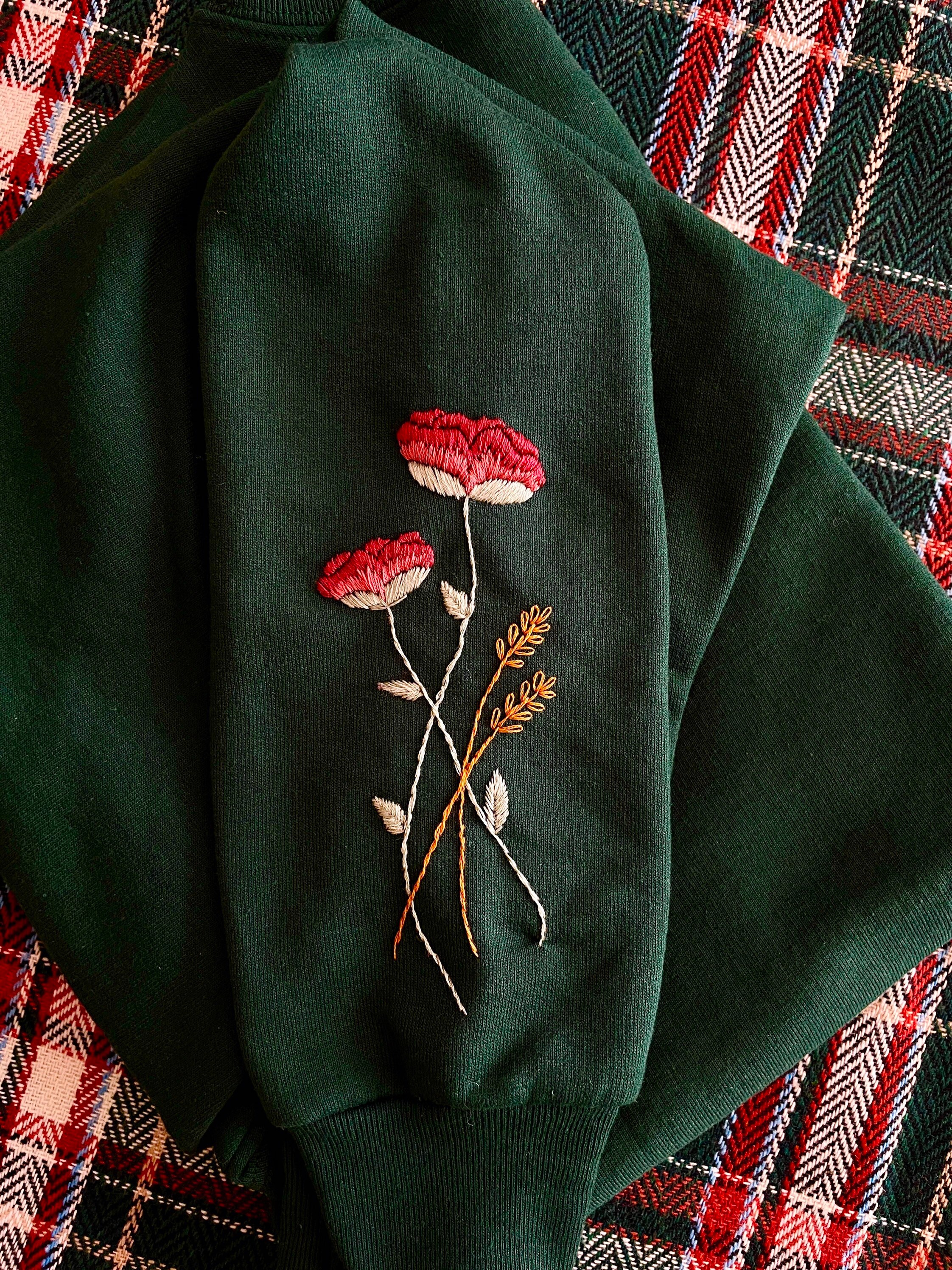 Hand Embroidered Floral Green Crewneck Sweatshirt, Autumn