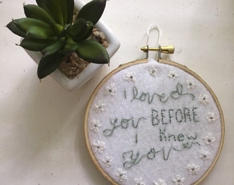 Embroidered Wall Decor for Nursery "I loved you before I knew you" with Flower Border, Floral Wreath